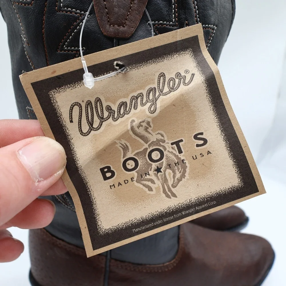 Wrangler Vintage Western Boots Youth 4.5 D Old Brown Leather Black NWT USA Made